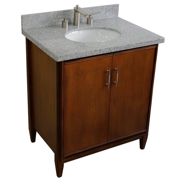 Bellaterra Home MCM 31" 2-Door 1-Drawer Walnut Freestanding Vanity Set With Ceramic Undermount Oval Sink And Gray Granite Top - Luxe Vanity & Tub