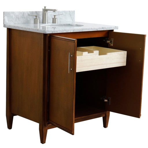 Bellaterra Home MCM 31" 2-Door 1-Drawer Walnut Freestanding Vanity Set With Ceramic Undermount Oval Sink And White Carrara Marble Top - Luxe Vanity & Tub