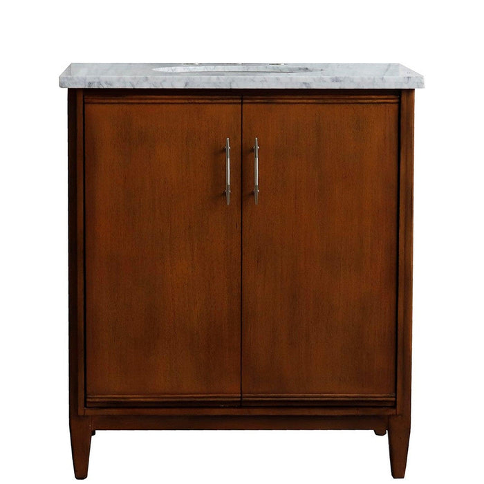 Bellaterra Home MCM 31" 2-Door 1-Drawer Walnut Freestanding Vanity Set With Ceramic Undermount Oval Sink And White Carrara Marble Top - Luxe Vanity & Tub