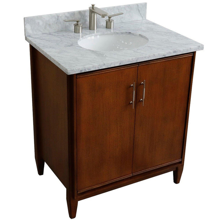 Bellaterra Home MCM 31" 2-Door 1-Drawer Walnut Freestanding Vanity Set With Ceramic Undermount Oval Sink And White Carrara Marble Top - Luxe Vanity & Tub