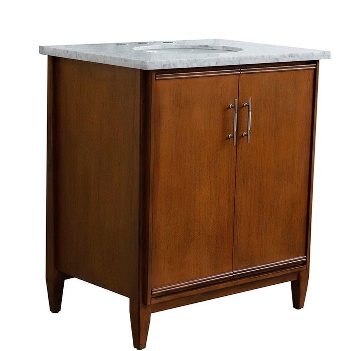 Bellaterra Home MCM 31" 2-Door 1-Drawer Walnut Freestanding Vanity Set With Ceramic Undermount Oval Sink And White Carrara Marble Top - Luxe Vanity & Tub