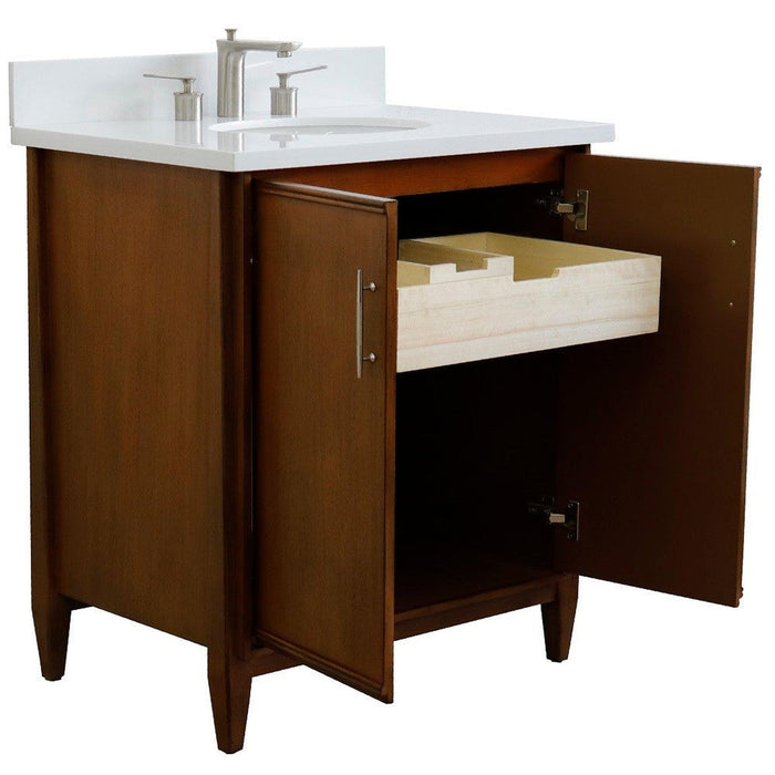 Bellaterra Home MCM 31" 2-Door 1-Drawer Walnut Freestanding Vanity Set With Ceramic Undermount Oval Sink And White Quartz Top - Luxe Vanity & Tub