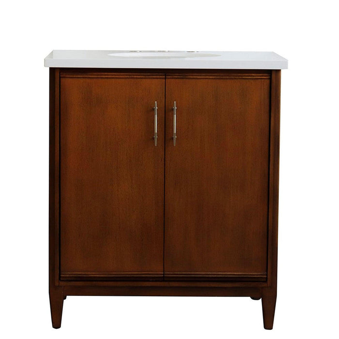 Bellaterra Home MCM 31" 2-Door 1-Drawer Walnut Freestanding Vanity Set With Ceramic Undermount Oval Sink And White Quartz Top - Luxe Vanity & Tub