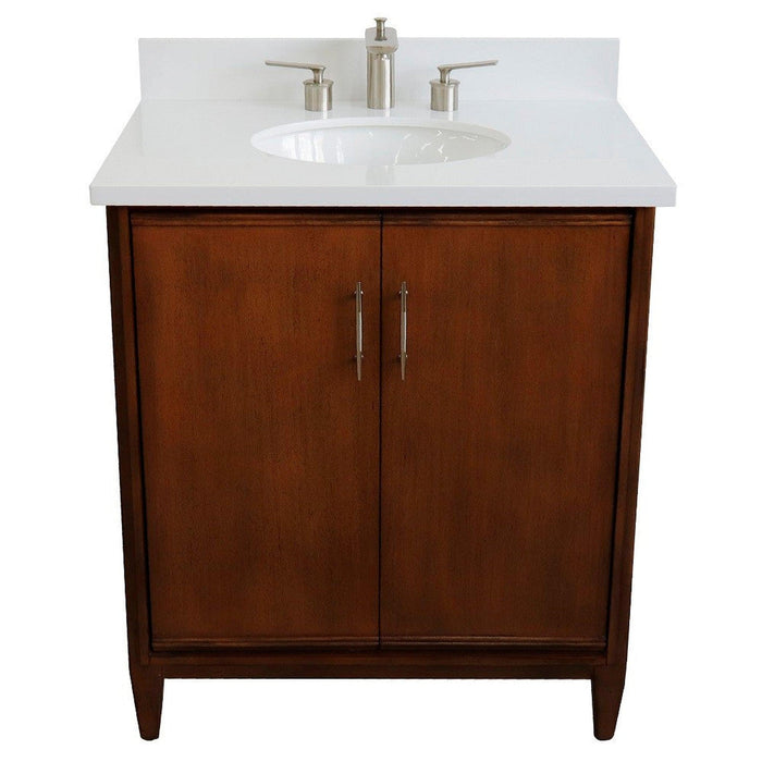 Bellaterra Home MCM 31" 2-Door 1-Drawer Walnut Freestanding Vanity Set With Ceramic Undermount Oval Sink And White Quartz Top - Luxe Vanity & Tub