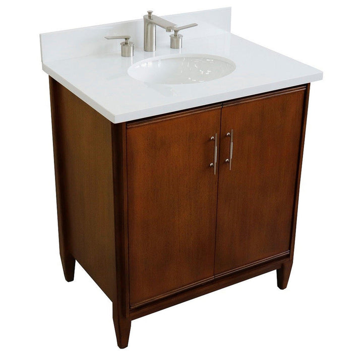 Bellaterra Home MCM 31" 2-Door 1-Drawer Walnut Freestanding Vanity Set With Ceramic Undermount Oval Sink And White Quartz Top - Luxe Vanity & Tub