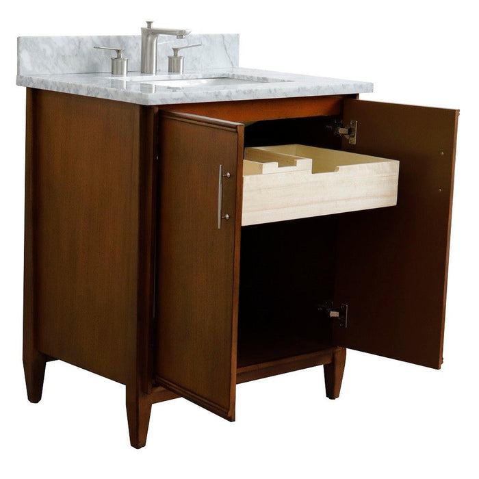 Bellaterra Home MCM 31" 2-Door 1-Drawer Walnut Freestanding Vanity Set With Ceramic Undermount Rectangular Sink And White Carrara Marble Top - Luxe Vanity & Tub