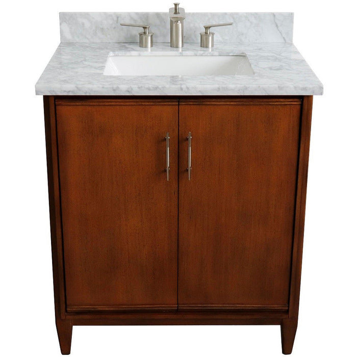 Bellaterra Home MCM 31" 2-Door 1-Drawer Walnut Freestanding Vanity Set With Ceramic Undermount Rectangular Sink And White Carrara Marble Top - Luxe Vanity & Tub