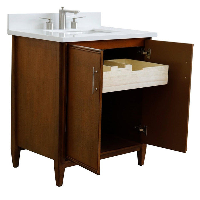 Bellaterra Home MCM 31" 2-Door 1-Drawer Walnut Freestanding Vanity Set With Ceramic Undermount Rectangular Sink And White Quartz Top - Luxe Vanity & Tub