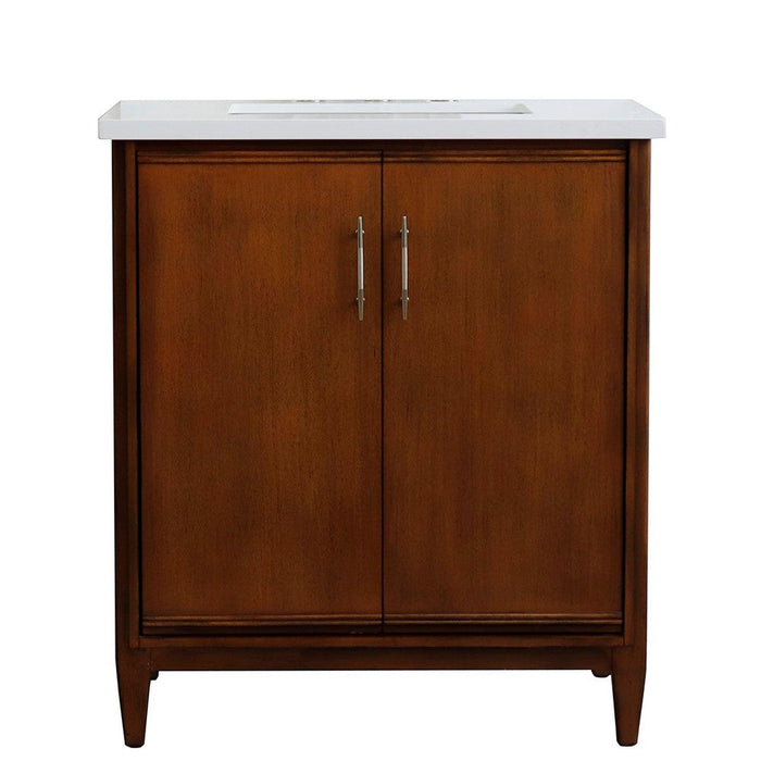 Bellaterra Home MCM 31" 2-Door 1-Drawer Walnut Freestanding Vanity Set With Ceramic Undermount Rectangular Sink And White Quartz Top - Luxe Vanity & Tub