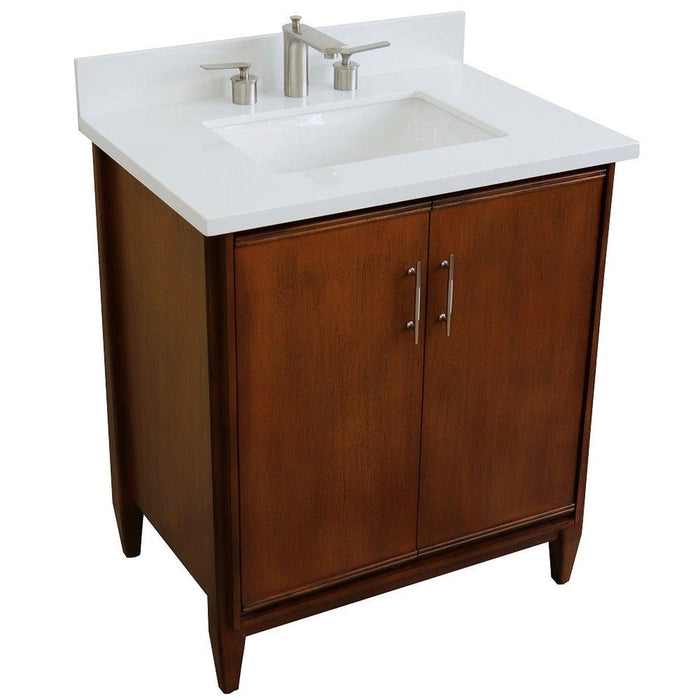 Bellaterra Home MCM 31" 2-Door 1-Drawer Walnut Freestanding Vanity Set With Ceramic Undermount Rectangular Sink And White Quartz Top - Luxe Vanity & Tub