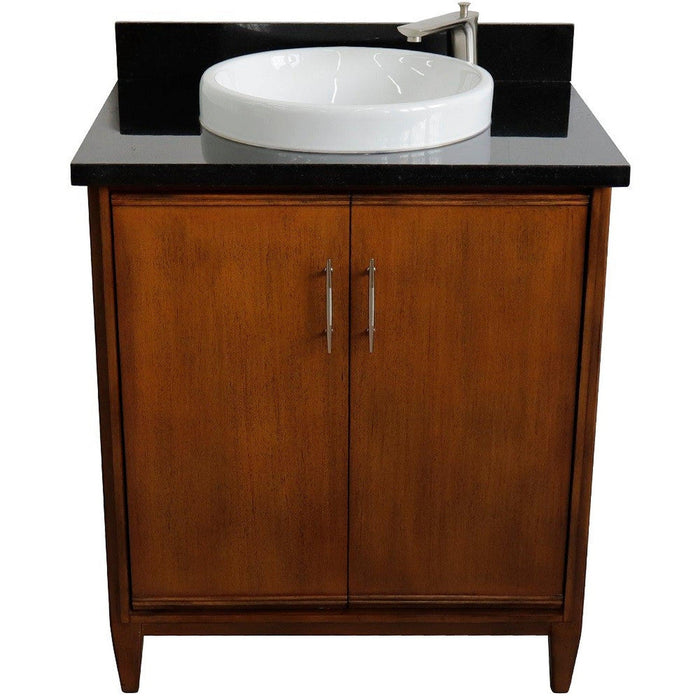 Bellaterra Home MCM 31" 2-Door 1-Drawer Walnut Freestanding Vanity Set With Ceramic Vessel Sink And Black Galaxy Granite Top - Luxe Vanity & Tub