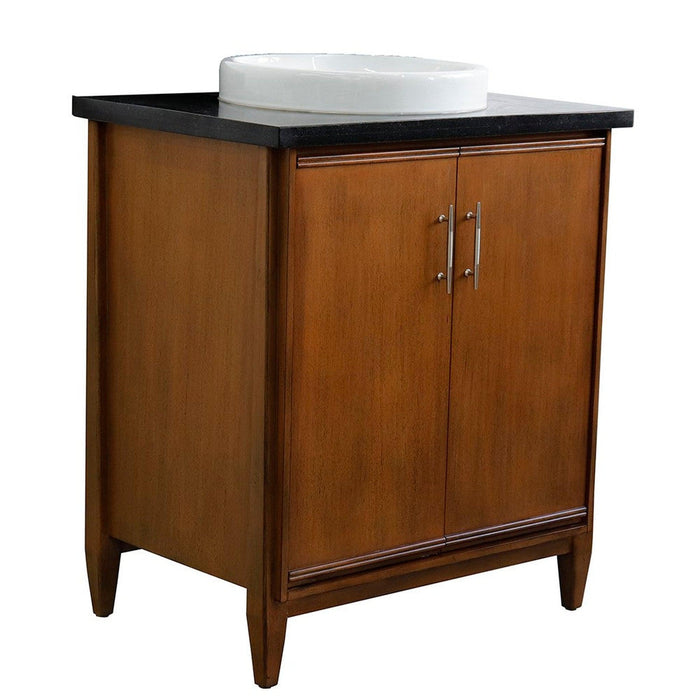 Bellaterra Home MCM 31" 2-Door 1-Drawer Walnut Freestanding Vanity Set With Ceramic Vessel Sink And Black Galaxy Granite Top - Luxe Vanity & Tub