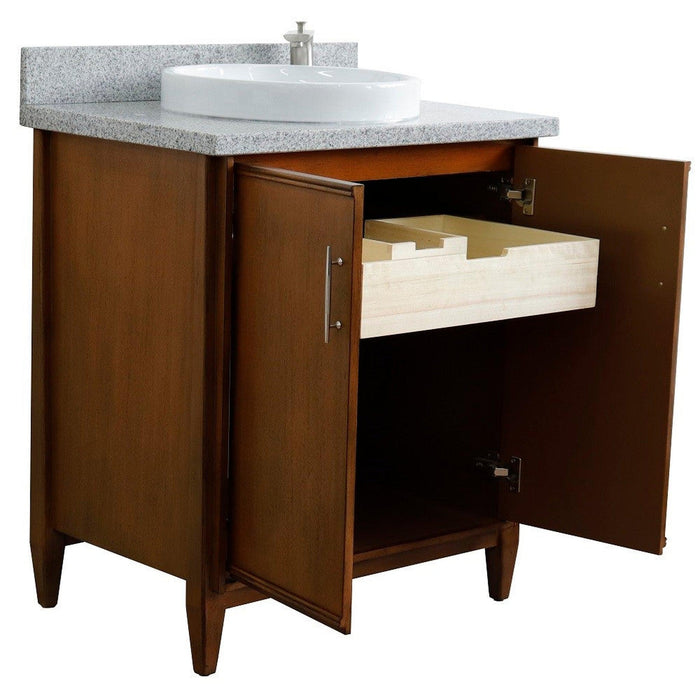 Bellaterra Home MCM 31" 2-Door 1-Drawer Walnut Freestanding Vanity Set With Ceramic Vessel Sink And Gray Granite Top - Luxe Vanity & Tub