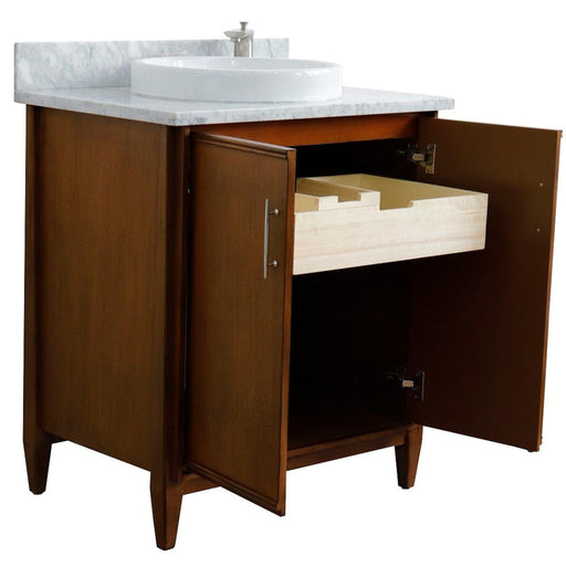 Bellaterra Home MCM 31" 2-Door 1-Drawer Walnut Freestanding Vanity Set With Ceramic Vessel Sink And White Carrara Marble Top - Luxe Vanity & Tub