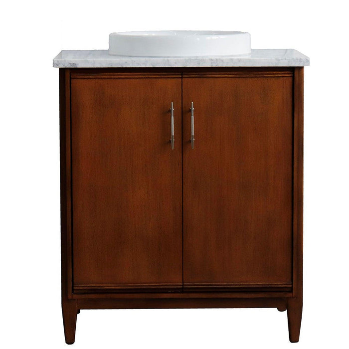 Bellaterra Home MCM 31" 2-Door 1-Drawer Walnut Freestanding Vanity Set With Ceramic Vessel Sink And White Carrara Marble Top - Luxe Vanity & Tub