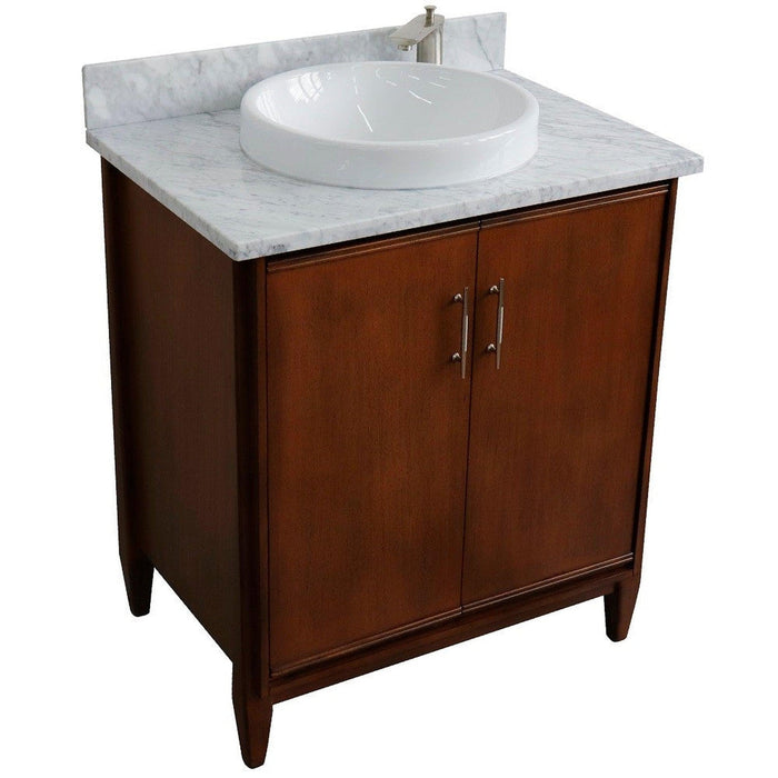 Bellaterra Home MCM 31" 2-Door 1-Drawer Walnut Freestanding Vanity Set With Ceramic Vessel Sink And White Carrara Marble Top - Luxe Vanity & Tub