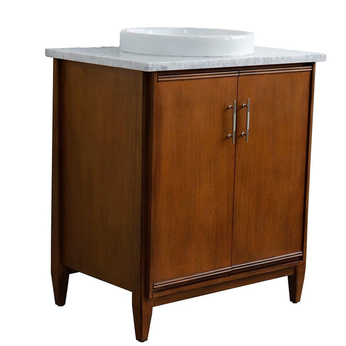 Bellaterra Home MCM 31" 2-Door 1-Drawer Walnut Freestanding Vanity Set With Ceramic Vessel Sink And White Carrara Marble Top - Luxe Vanity & Tub