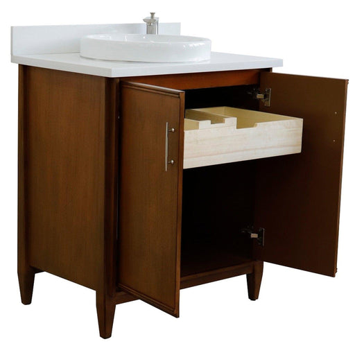 Bellaterra Home MCM 31" 2-Door 1-Drawer Walnut Freestanding Vanity Set With Ceramic Vessel Sink And White Quartz Top - Luxe Vanity & Tub