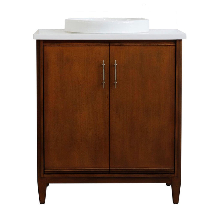 Bellaterra Home MCM 31" 2-Door 1-Drawer Walnut Freestanding Vanity Set With Ceramic Vessel Sink And White Quartz Top - Luxe Vanity & Tub