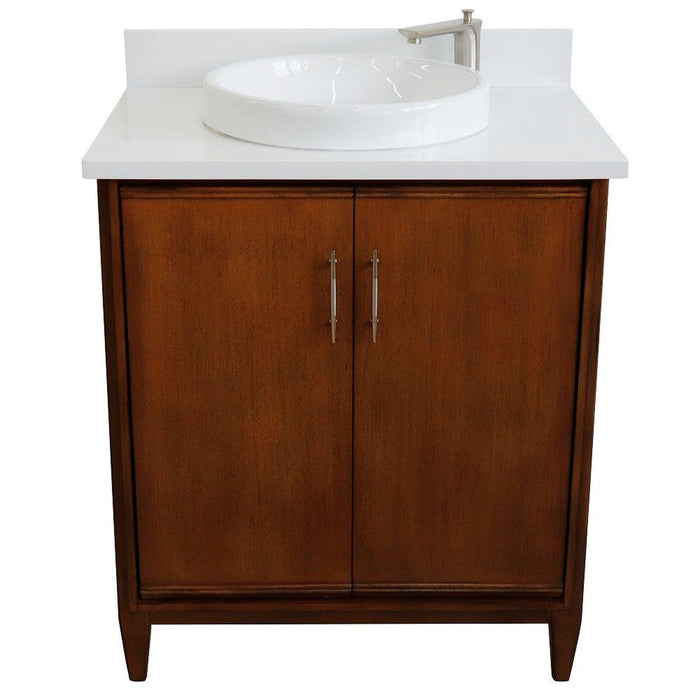 Bellaterra Home MCM 31" 2-Door 1-Drawer Walnut Freestanding Vanity Set With Ceramic Vessel Sink And White Quartz Top - Luxe Vanity & Tub