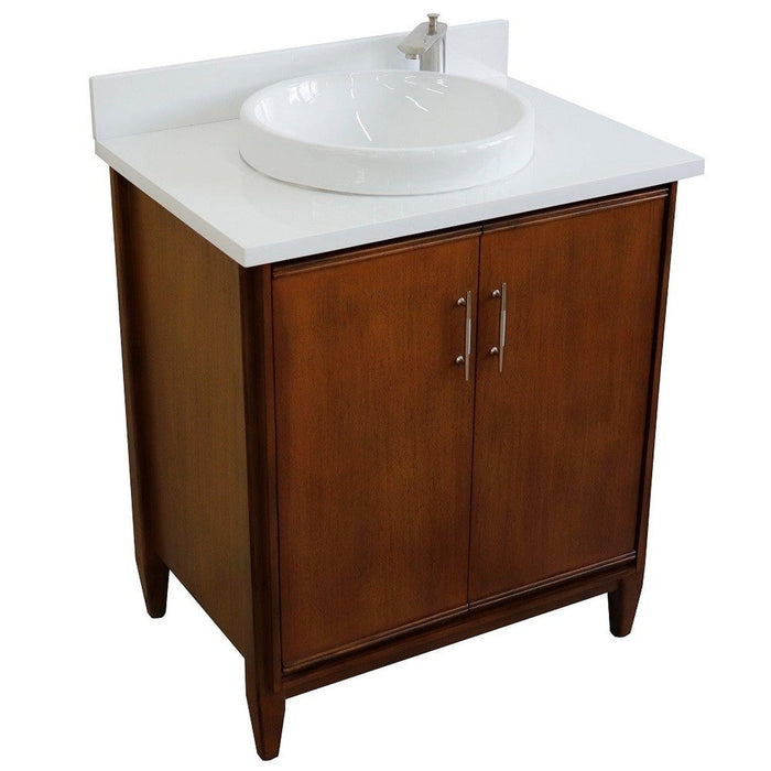 Bellaterra Home MCM 31" 2-Door 1-Drawer Walnut Freestanding Vanity Set With Ceramic Vessel Sink And White Quartz Top - Luxe Vanity & Tub