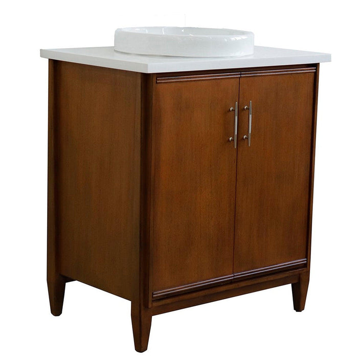 Bellaterra Home MCM 31" 2-Door 1-Drawer Walnut Freestanding Vanity Set With Ceramic Vessel Sink And White Quartz Top - Luxe Vanity & Tub