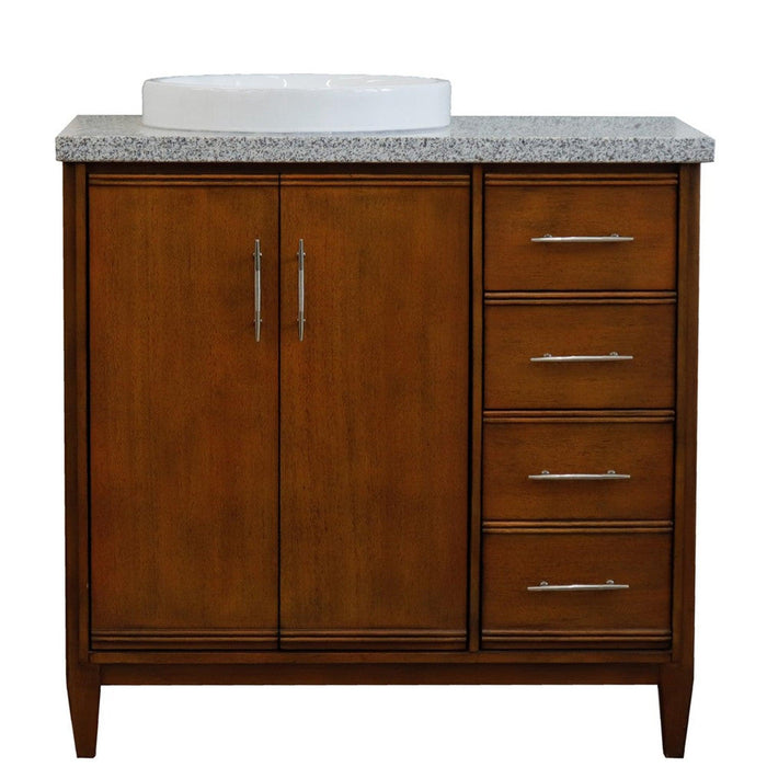 Bellaterra Home MCM 37" 2-Door 3-Drawer Walnut Freestanding Vanity Set With Ceramic Left Vessel Sink and Gray Granite Top, and Left Door Cabinet - Luxe Vanity & Tub