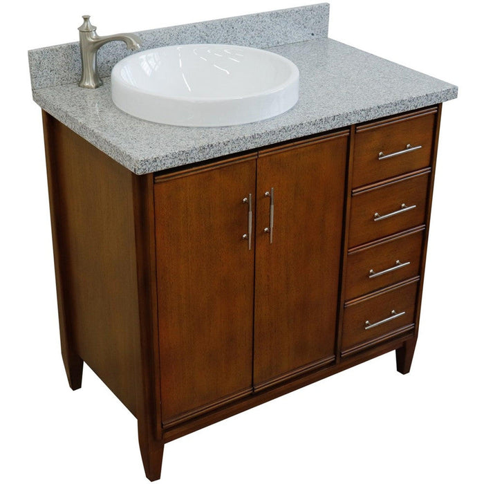 Bellaterra Home MCM 37" 2-Door 3-Drawer Walnut Freestanding Vanity Set With Ceramic Left Vessel Sink and Gray Granite Top, and Left Door Cabinet - Luxe Vanity & Tub