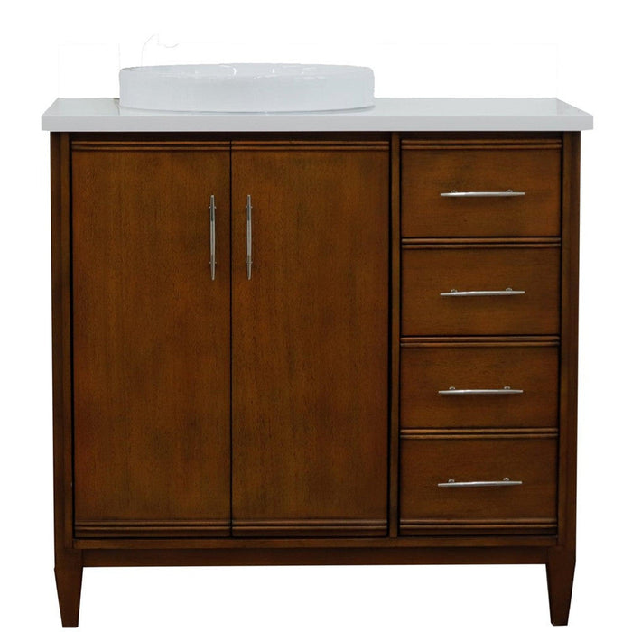 Bellaterra Home MCM 37" 2-Door 3-Drawer Walnut Freestanding Vanity Set With Ceramic Left Vessel Sink and White Quartz Top, and Left Door Cabinet - Luxe Vanity & Tub