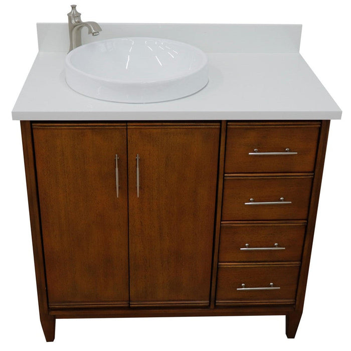 Bellaterra Home MCM 37" 2-Door 3-Drawer Walnut Freestanding Vanity Set With Ceramic Left Vessel Sink and White Quartz Top, and Left Door Cabinet - Luxe Vanity & Tub