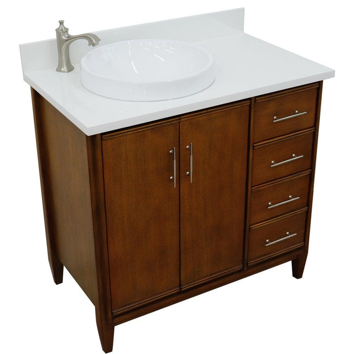 Bellaterra Home MCM 37" 2-Door 3-Drawer Walnut Freestanding Vanity Set With Ceramic Left Vessel Sink and White Quartz Top, and Left Door Cabinet - Luxe Vanity & Tub