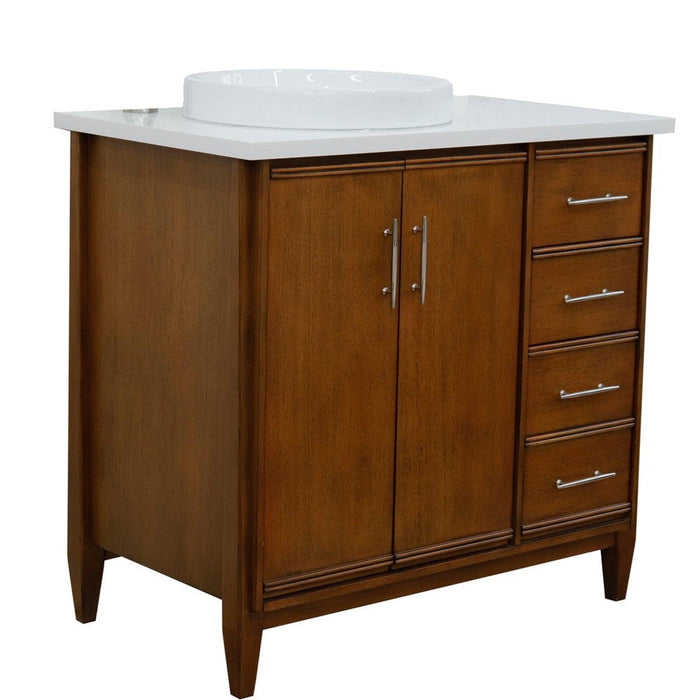 Bellaterra Home MCM 37" 2-Door 3-Drawer Walnut Freestanding Vanity Set With Ceramic Left Vessel Sink and White Quartz Top, and Left Door Cabinet - Luxe Vanity & Tub