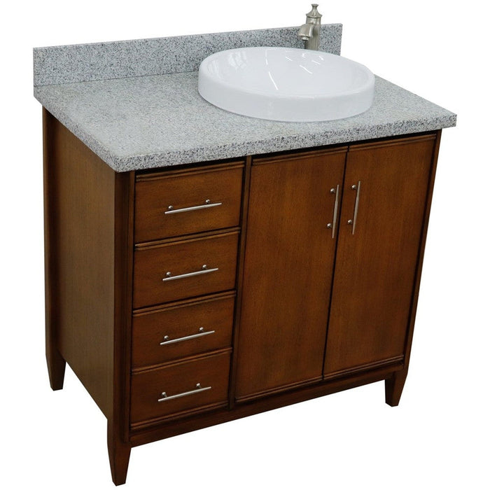 Bellaterra Home MCM 37" 2-Door 3-Drawer Walnut Freestanding Vanity Set With Ceramic Right Vessel Sink and Gray Granite Top, and Right Door Cabinet - Luxe Vanity & Tub