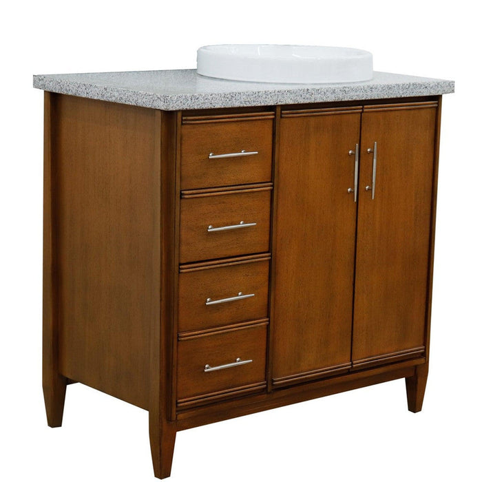 Bellaterra Home MCM 37" 2-Door 3-Drawer Walnut Freestanding Vanity Set With Ceramic Right Vessel Sink and Gray Granite Top, and Right Door Cabinet - Luxe Vanity & Tub