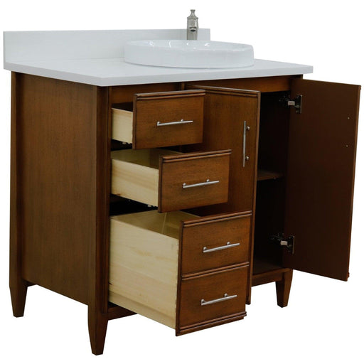 Bellaterra Home MCM 37" 2-Door 3-Drawer Walnut Freestanding Vanity Set With Ceramic Right Vessel Sink and White Quartz Top, and Right Door Cabinet - Luxe Vanity & Tub