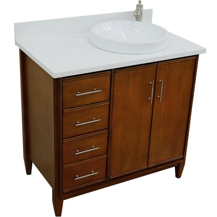 Bellaterra Home MCM 37" 2-Door 3-Drawer Walnut Freestanding Vanity Set With Ceramic Right Vessel Sink and White Quartz Top, and Right Door Cabinet - Luxe Vanity & Tub