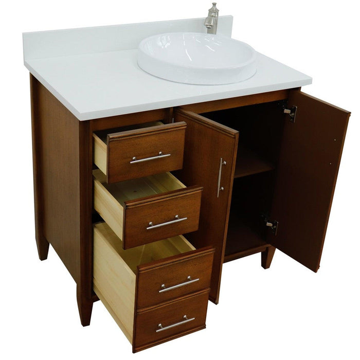 Bellaterra Home MCM 37" 2-Door 3-Drawer Walnut Freestanding Vanity Set With Ceramic Right Vessel Sink and White Quartz Top, and Right Door Cabinet - Luxe Vanity & Tub