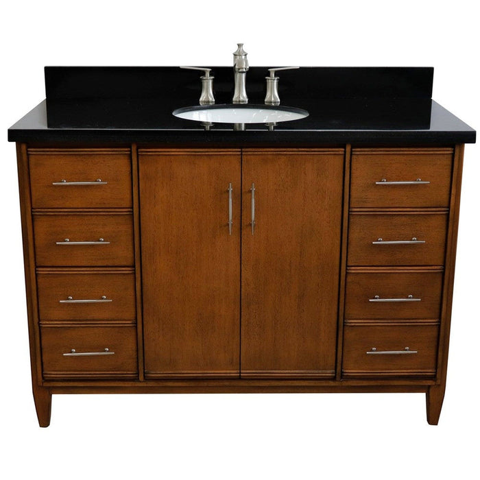 Bellaterra Home MCM 49" 2-Door 6-Drawer Walnut Freestanding Vanity Set With Ceramic Undermount Oval Sink and Black Galaxy Granite Top - Luxe Vanity & Tub