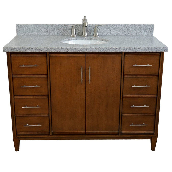 Bellaterra Home MCM 49" 2-Door 6-Drawer Walnut Freestanding Vanity Set With Ceramic Undermount Oval Sink and Gray Granite Top - Luxe Vanity & Tub