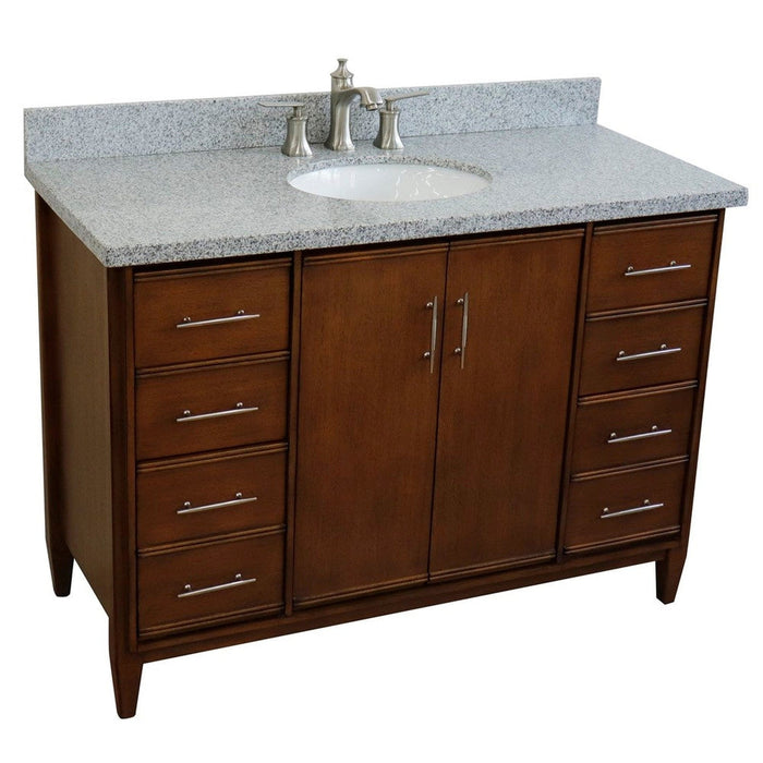 Bellaterra Home MCM 49" 2-Door 6-Drawer Walnut Freestanding Vanity Set With Ceramic Undermount Oval Sink and Gray Granite Top - Luxe Vanity & Tub