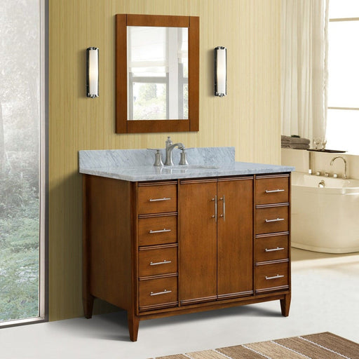 Bellaterra Home MCM 49" 2-Door 6-Drawer Walnut Freestanding Vanity Set With Ceramic Undermount Oval Sink and White Carrara Marble Top