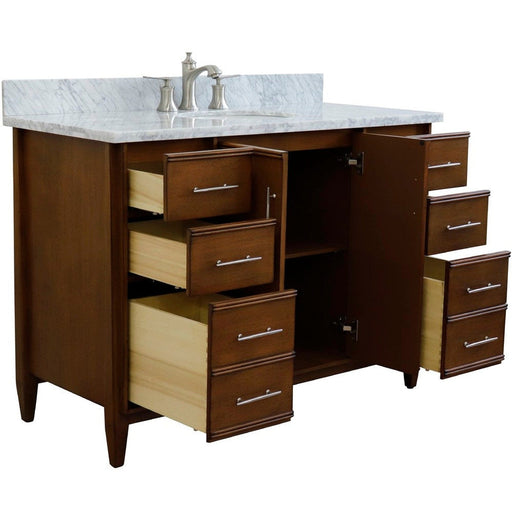 Bellaterra Home MCM 49" 2-Door 6-Drawer Walnut Freestanding Vanity Set With Ceramic Undermount Oval Sink and White Carrara Marble Top - Luxe Vanity & Tub