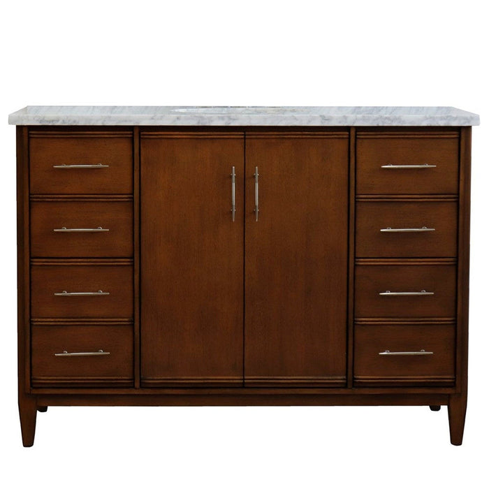 Bellaterra Home MCM 49" 2-Door 6-Drawer Walnut Freestanding Vanity Set With Ceramic Undermount Oval Sink and White Carrara Marble Top - Luxe Vanity & Tub