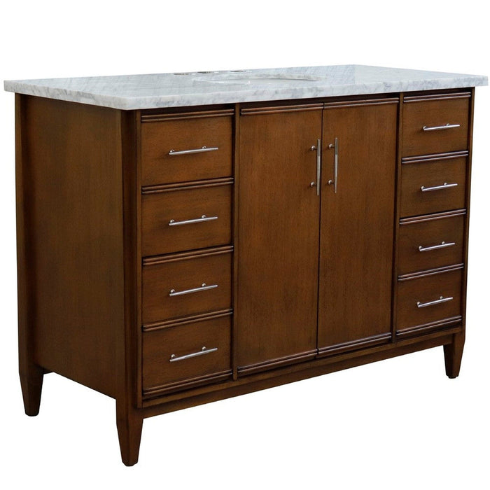 Bellaterra Home MCM 49" 2-Door 6-Drawer Walnut Freestanding Vanity Set With Ceramic Undermount Oval Sink and White Carrara Marble Top - Luxe Vanity & Tub