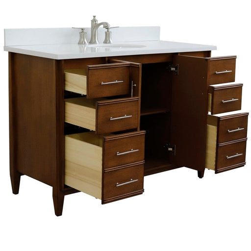 Bellaterra Home MCM 49" 2-Door 6-Drawer Walnut Freestanding Vanity Set With Ceramic Undermount Oval Sink and White Quartz Top - Luxe Vanity & Tub