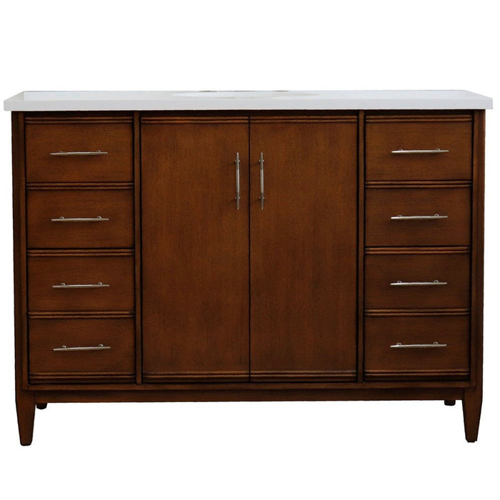 Bellaterra Home MCM 49" 2-Door 6-Drawer Walnut Freestanding Vanity Set With Ceramic Undermount Oval Sink and White Quartz Top - Luxe Vanity & Tub