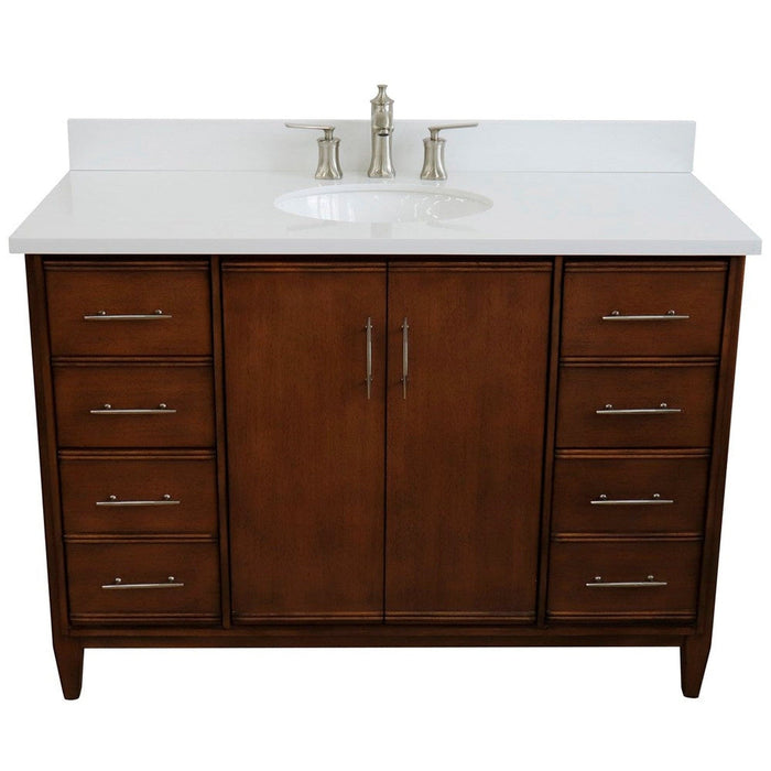 Bellaterra Home MCM 49" 2-Door 6-Drawer Walnut Freestanding Vanity Set With Ceramic Undermount Oval Sink and White Quartz Top - Luxe Vanity & Tub