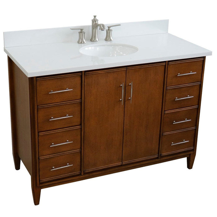 Bellaterra Home MCM 49" 2-Door 6-Drawer Walnut Freestanding Vanity Set With Ceramic Undermount Oval Sink and White Quartz Top - Luxe Vanity & Tub