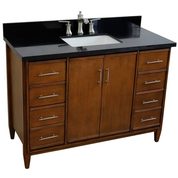 Bellaterra Home MCM 49" 2-Door 6-Drawer Walnut Freestanding Vanity Set With Ceramic Undermount Rectangular Sink and Black Galaxy Granite Top - Luxe Vanity & Tub