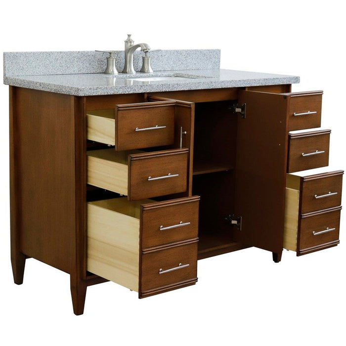 Bellaterra Home MCM 49" 2-Door 6-Drawer Walnut Freestanding Vanity Set With Ceramic Undermount Rectangular Sink and Gray Granite Top - Luxe Vanity & Tub